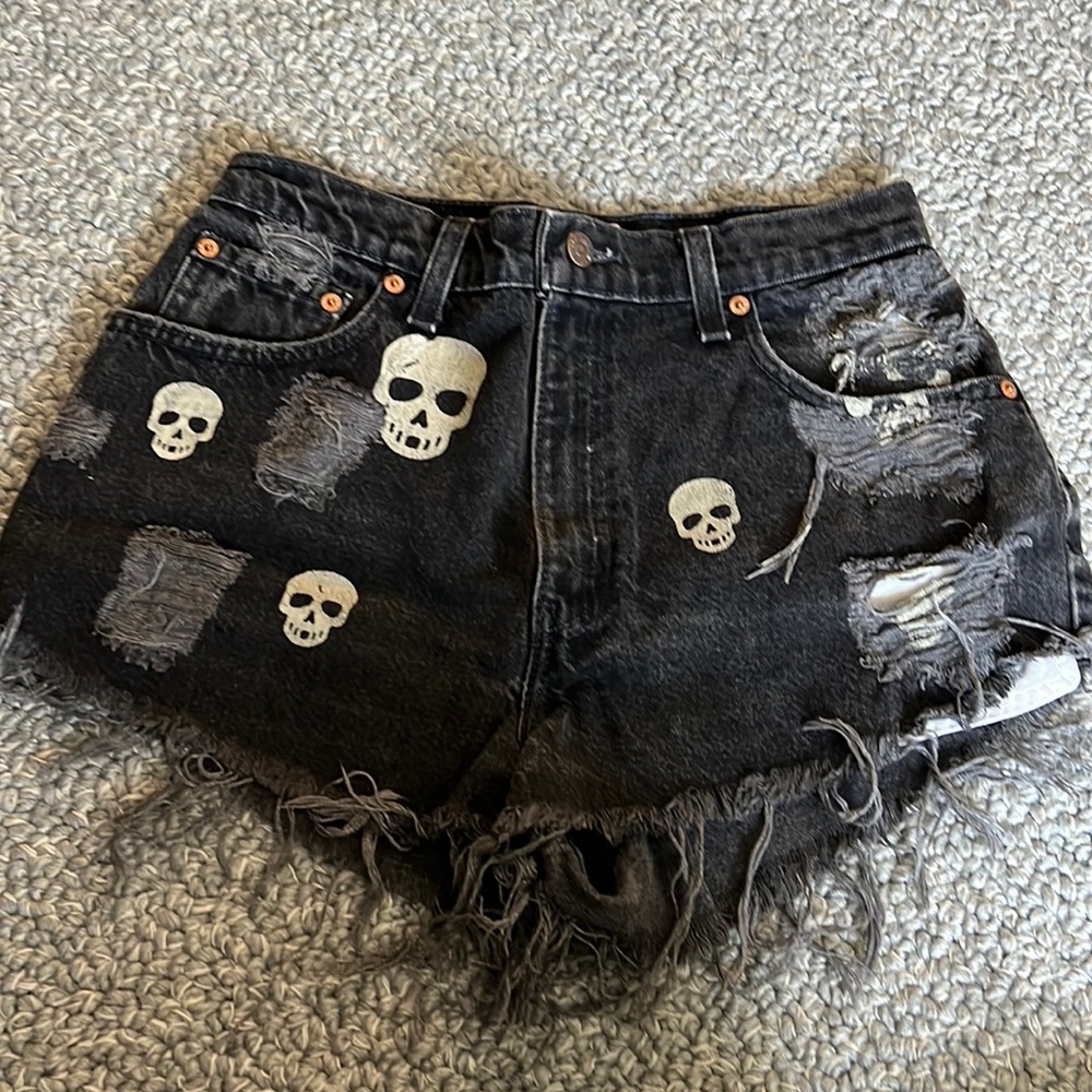 Furst of A Kind Grey Denim Shorts with White Skulls, One of a Kind. Fits like 27